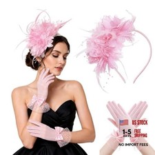 Fascinators Hat for Women with Lace Gloves for Tea Party Wedding,Pink