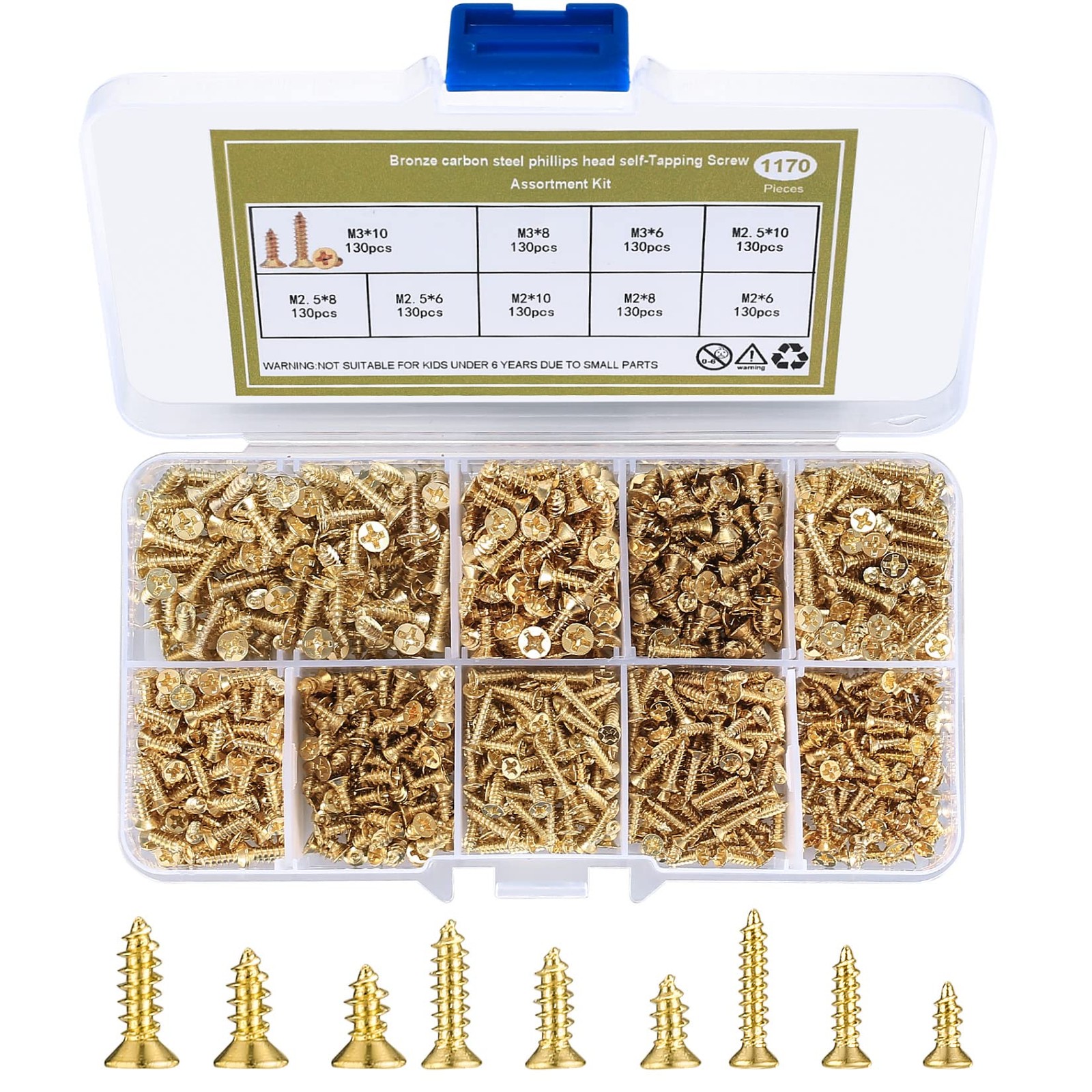 1170 Pcs Small Wood Screws M2 M2.5 M3 Self Tapping Screw Assortment Kit Gold