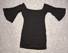 Free People Dress Mini Eyelet Black Lace L/XL Boho Bell Sleeve Crew Fitted