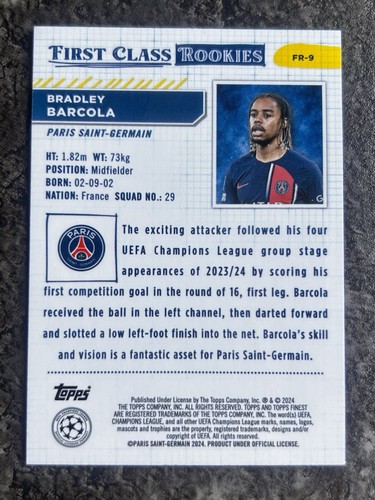 2023-24 Topps Finest UEFA Club Competitions BRADLEY BARCOLA First Class Rookies - Picture 2 of 2