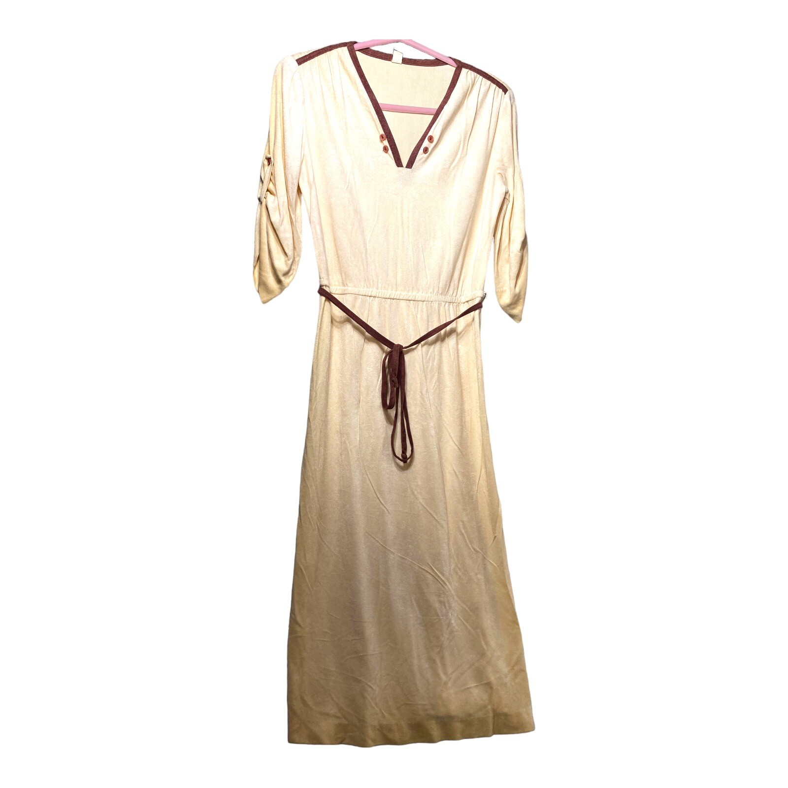 Vintage 70’s Velour Cream Brown Prairie Dress S/M… - image 2