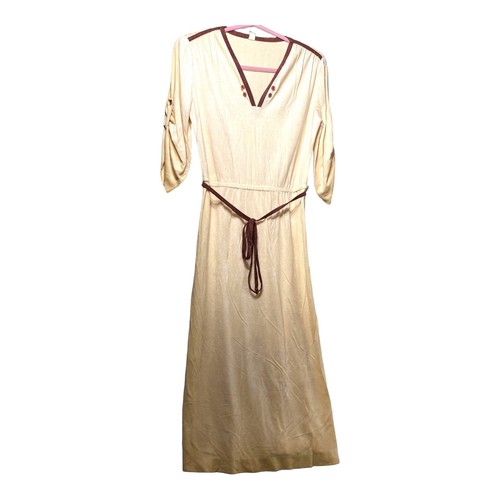 Vintage 70’s Velour Cream Brown Prairie Dress S/M Anthropologie Style Slit Side - Picture 2 of 7