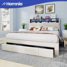 Upholstered King Bed Frame w/ Storage Drawers LED Light Headboard Charging Ports