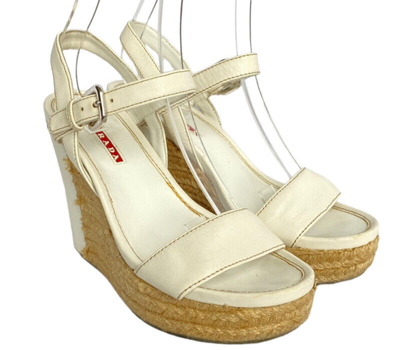 PRADA White Leather Ankle Strap Espadrille Wedge Sandals PRADA White Leather Ankle Strap Espadrille Wedge Sandals