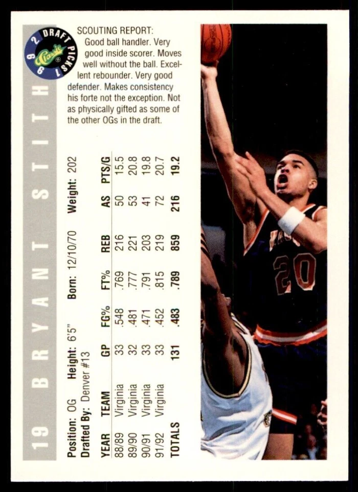 1992-93 Classic Draft Picks Bryant Stith . Virginia Cavaliers #19 - Image 2 of 2