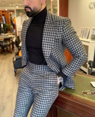 Winter Houndstooth Mens Suits 2 Pieces Wedding Tuxedos Vintage Slim Fit Suits