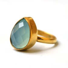 Natural Facet Aqua Chalcedony Gemstone Silver 18K Yellow Gold Plated Ring Size 6