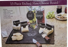 13 piece Etched Slate Cheese Board Set Stone Cheese Board Knifes Markers Chalk 