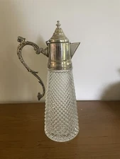 Vintage Italian 12” Silver-Plate/Glass Diamond Bar Claret Decanter/Pitcher