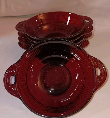 VINTAGE RUBY RED GLASSWARE 7PCS 6 OZ BERRY DESSERT BOWLS WITH HANDLES