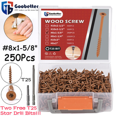 250X Torx T25 Star Flat Head Screw #8x1-5/8'' Outdoor Wood Screw T25 Star Bit Set