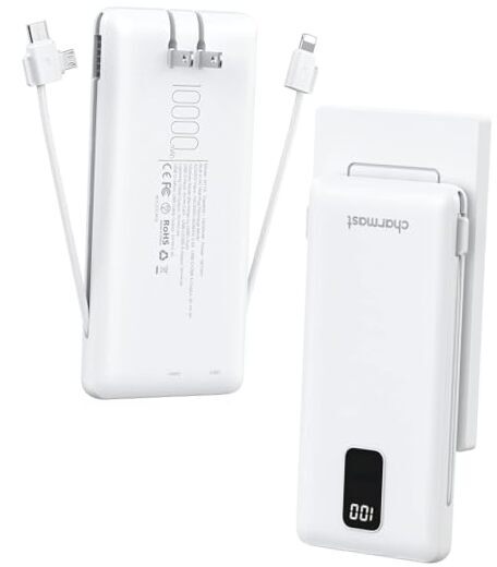 10000mAh Portable Charger with Built-in Cables & AC Plug - Compact White Power Bank