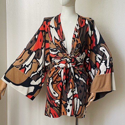 ISSA LONDON Red Brown Abstract Twist Wrap Front Kimono Sleeve Mini Dress Size 4 - Picture 8 of 19