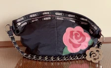 LeSportsac For The OC Pink Rose Black Shoulder Bag Chain Strap Roses & Stripes