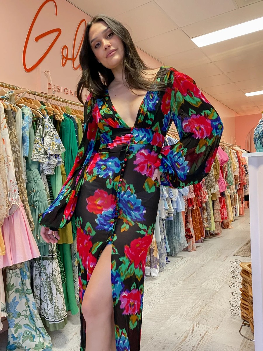 RAT & BOA Ferreira Floral Print Blouson Long Sleeves High Slit Maxi Dress  XS 0/2 | eBay