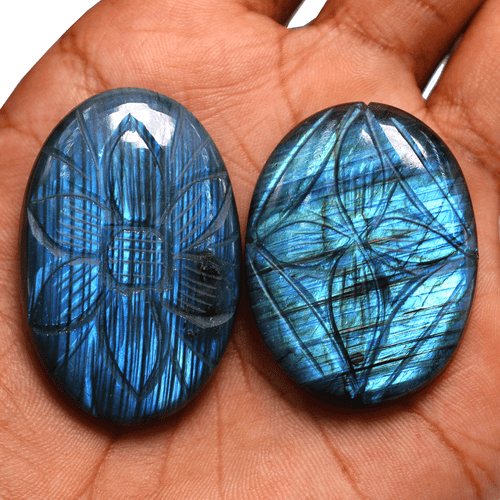 2 Pcs Natural Labradorite Hi-Quality Hand Carved 39-43mm Oval Cabochon Gemstones - Picture 11 of 12
