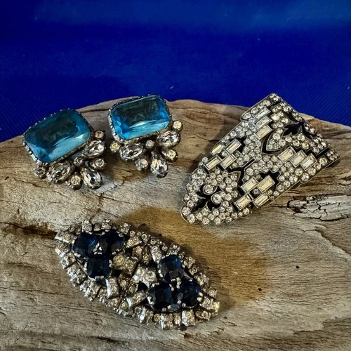 Lot Of 4 Vintage Crystal Rhinestone Art Deco Glam Costume Jewelry Brooch Clips