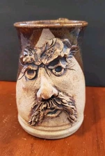 Stoneware Funny Ugly Face with mustache, 3D, coffee cup, signed, 4.5" high    1C