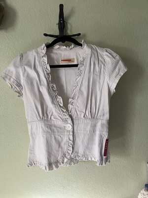 Prada White/Black Pinstripe Ruffle V-Neck Short Sleeve Cotton Blouse M/L