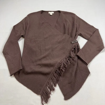 Tweeds Brown 100% Italian Merino Wool Fringe Wrap Cardigan Sweater Womens Large - Image 1 of 4