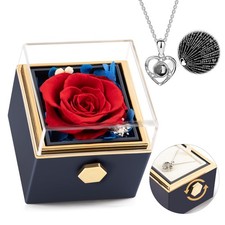 Preserved Real Red Forever Rose Rotating Box with I Love You Necklace 100 Lan...