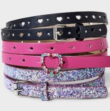 Cat Jack Girls 3-Pack Heart Cutout, Pink and Glitter Skinny Belts Size XL