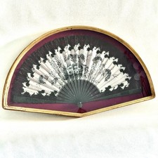 Victorian Antique Black Lace Hand Painted Wood Carved Framed Hand Fan Floral
