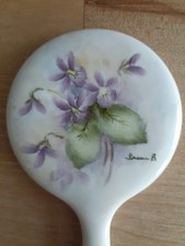 Vintage Handheld Embossed Violet Floral Porcelain 6"X3" Vanity Mirror Signed