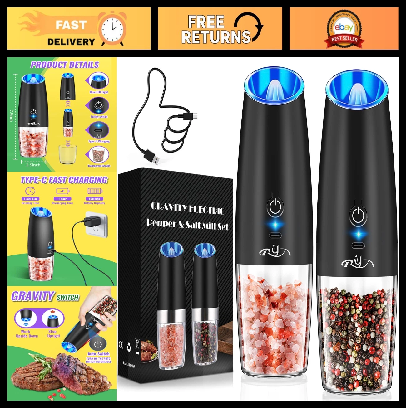 Rechargeable Electric Pepper & Salt Grinder Set - LED, Stainless Steel, Adjustab