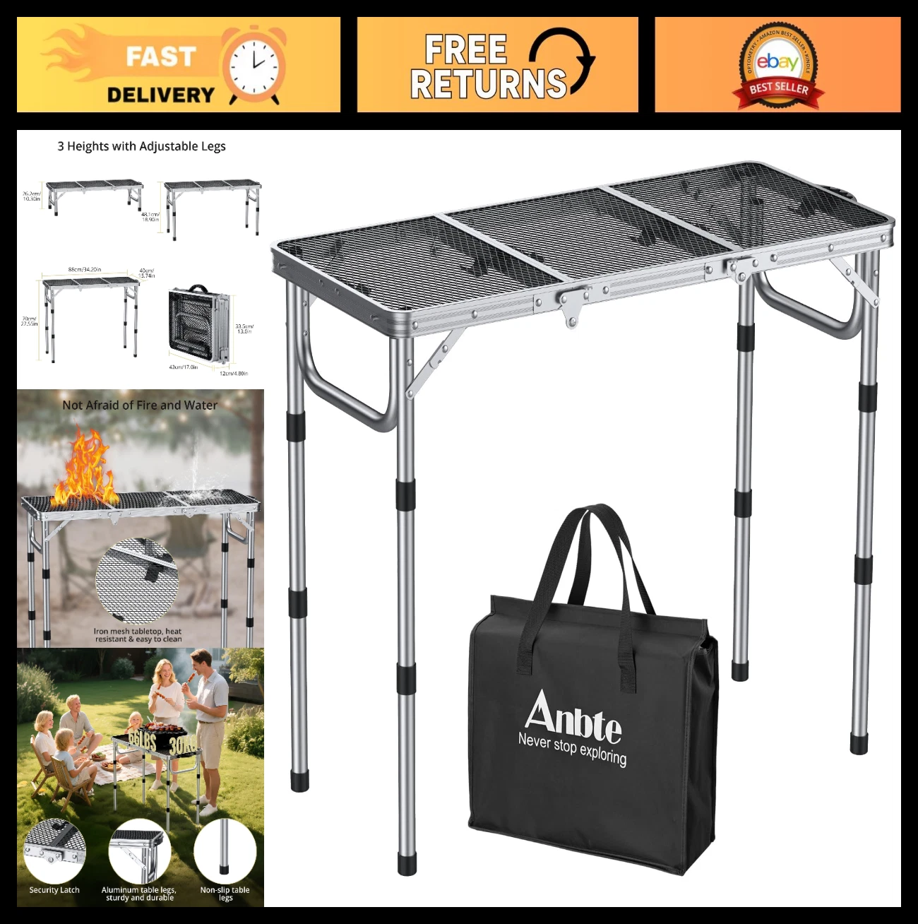 3ft Portable Folding Grill Table with Adjustable Height, Heat Resistant, Lightwe