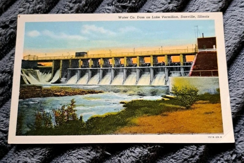 Vintage Postcard Danville Illinois Water Dam on Lake Vermillion 1930 