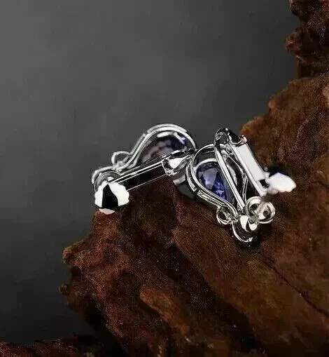 Brincos femininos de corte oval simulado azul tanzanita folheados a ouro branco 14k - Imagem 3 de 4