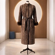 Damen Mantel Karakul Optik mit Nerz Manschetten Braun Gr. 46 Gürtel Neu