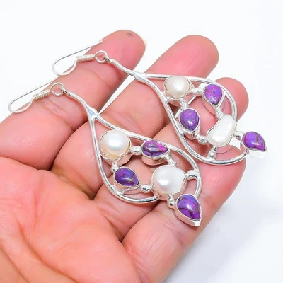 Copper Purple Turquoise, Pearl 925 Sterling Silver Jewelry Earring 3.15" v139 - Image 1 of 4