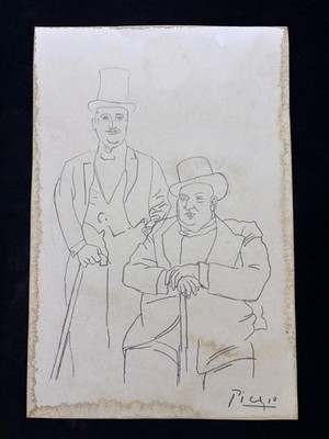PICASSO drawing and painting on old paper signed stamped vintage