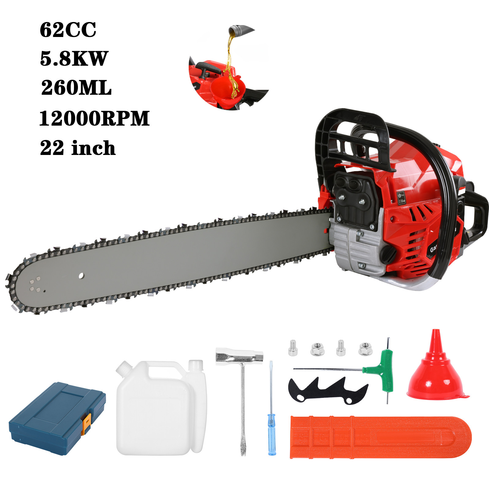 62CC Gas Powered Chainsaw with 22'' Guide Bar Saw Chain 2-Stroke Fuel Efficient