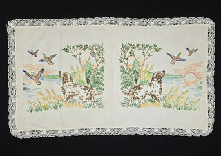 Handmade Embroidered Tablecloth Scarf Dog Ducks Hunting 34" x 19" Vintage
