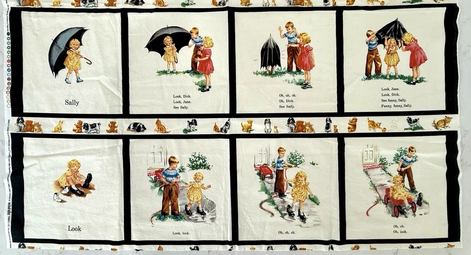 2 Paneles de Tela SALLY LOOK Dick and Jane 16 Algodón Edredón Cuadrados Michael Miller Foto 2 de 4