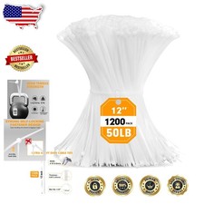 12" White Zip Ties, 1200pc Heavy Duty Nylon, 50lb Tensile, Self-Locking
