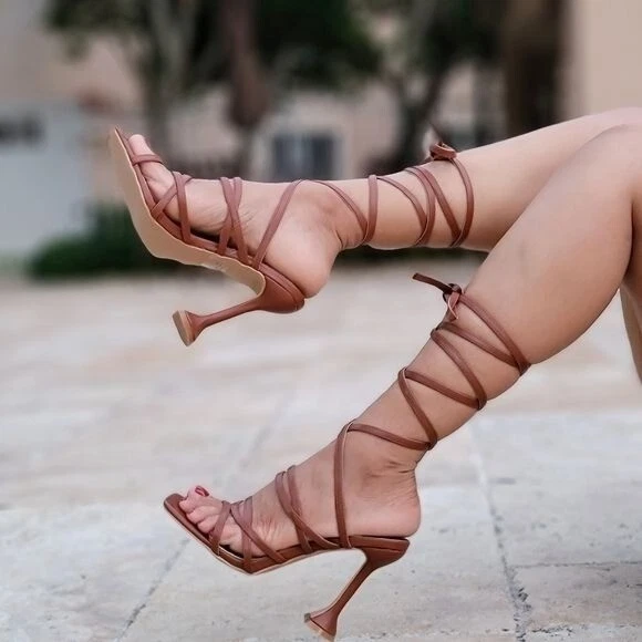 Women's Brown Strappy Pyramid Heel Gladiator Sandals - Image 2 of 4