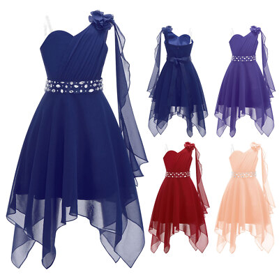 Kids Girls One Shoulder Chiffon Dress Wedding Bridesmaid Gown Evening  Costumes | eBay