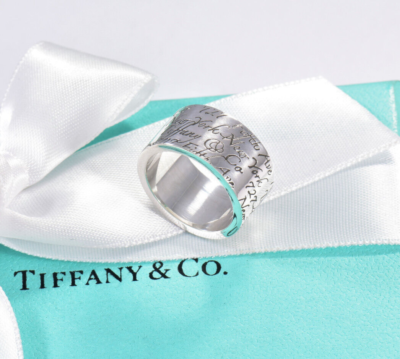 Size 8 Tiffany & Co Silver Address Notes Script Wide Ring in Box