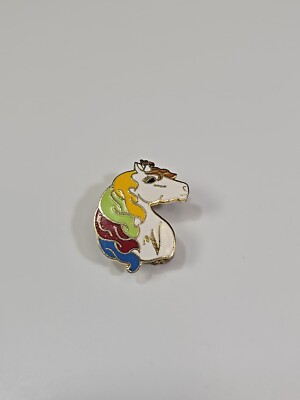 White Horse With Rainbow Mane Lapel Pin Vintage Enamel 