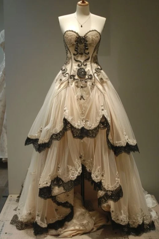 Champagne Sweetheart Wedding Dresses with Black Lace Beaded Ruffles Bridal Gowns - Image 2 of 4