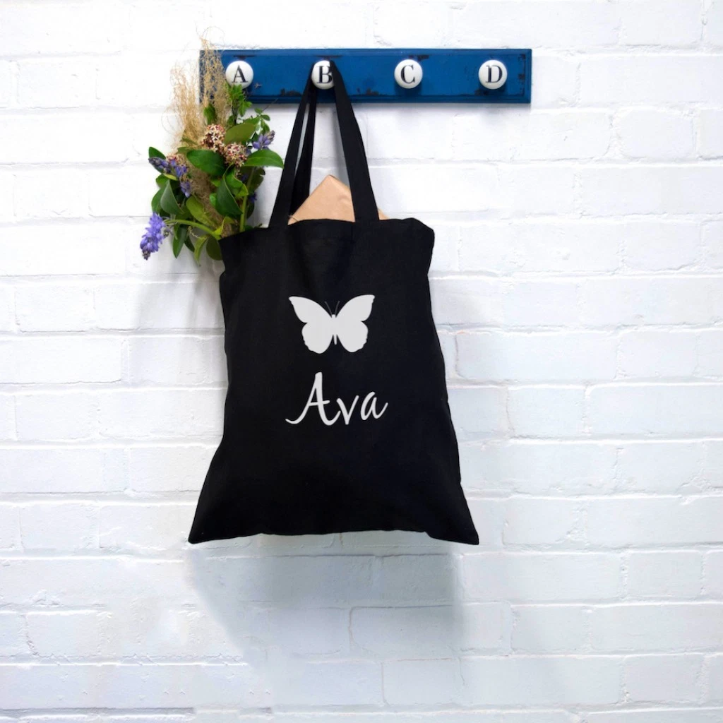 Personalised Name Tote Bag Butterfly Canvas Cotton Shopper Shopping