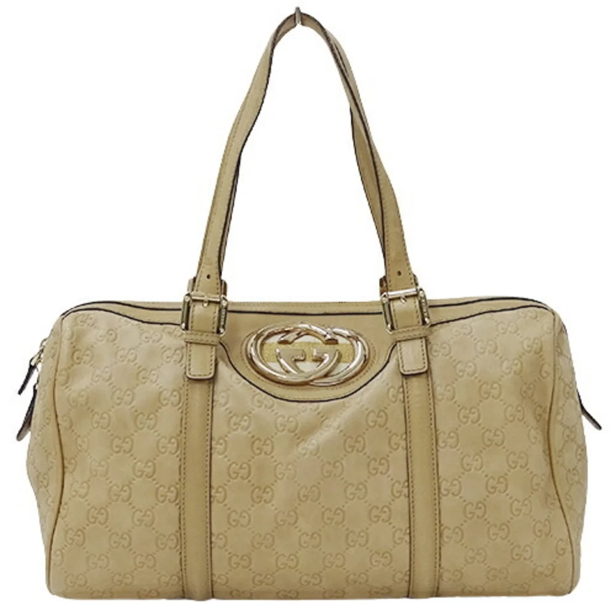 GUCCI bag ladies shoulder striped interlocking leather beige
