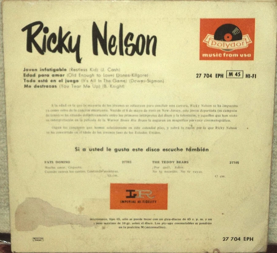 RICKY NELSON "Rio Bravo" Rare 1960's Spanish ONLY Polydor 4 song Ep w/ps ELVIS - Image 3 of 3