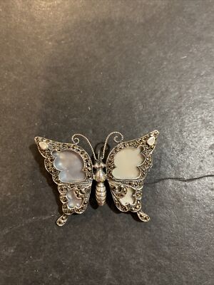 Vintage Sterling Silver Marcasite MOP Big Butterfly Pin/ Pendant