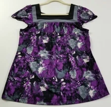 AB Studio Blouse Women's Medium M Floral Short Sleeves Square Neck Popover Top