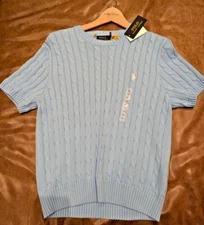 Polo Ralph Lauren Women's Short Sleeve Cable Knit Crewneck Sweater in Light Blue